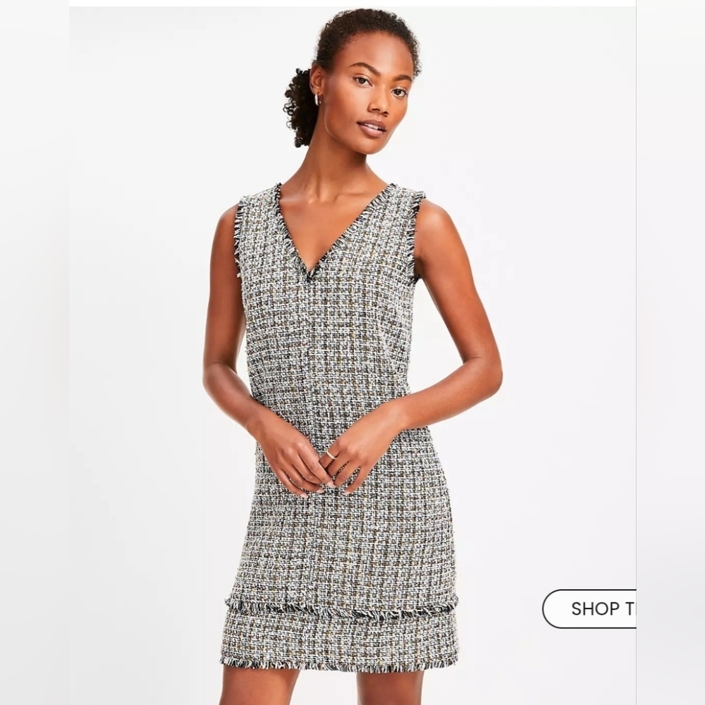 LOFT Navy & Metallic Gold Fringe Tweed Sleeveless Sheath Dress V-neck Frayed